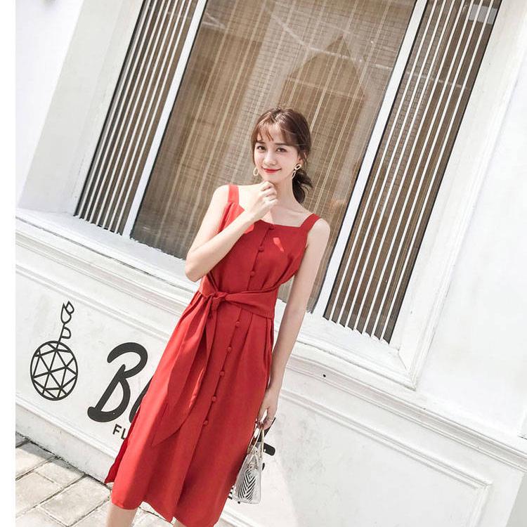 Women Summer Button Front Slip Midi Dress Beach Dress Casual Dress Solid Color Camisole Dress