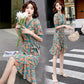 Women's Summer Floral Chiffon Dress V-neck Mid-length Skirt