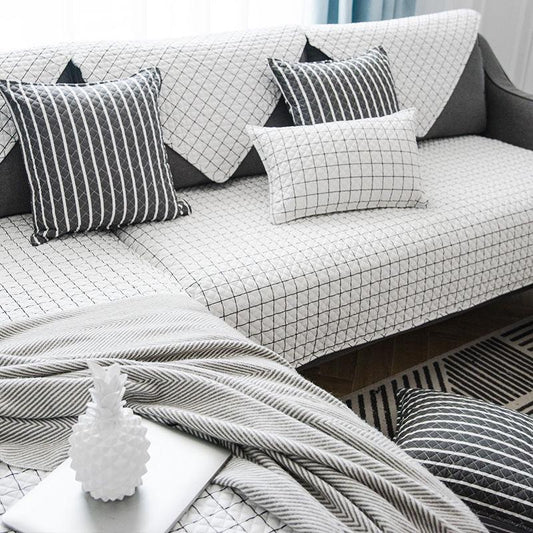 Black and White Cotton Sofa Cover Geometric Non-slip Sofa Towel Couch Cover for Corner Sofa-Cover