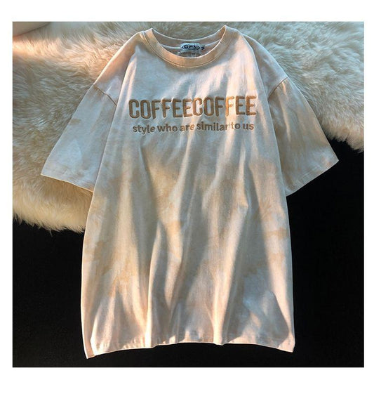 Tie-dye Gradient Embroidery Short-sleeved T-shirt Men Pink Wild Small Fresh Retro Half-sleeved Tide