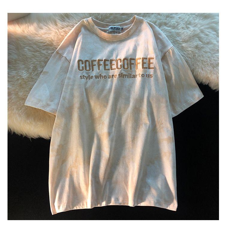 Tie-dye Gradient Embroidery Short-sleeved T-shirt Men Pink Wild Small Fresh Retro Half-sleeved Tide