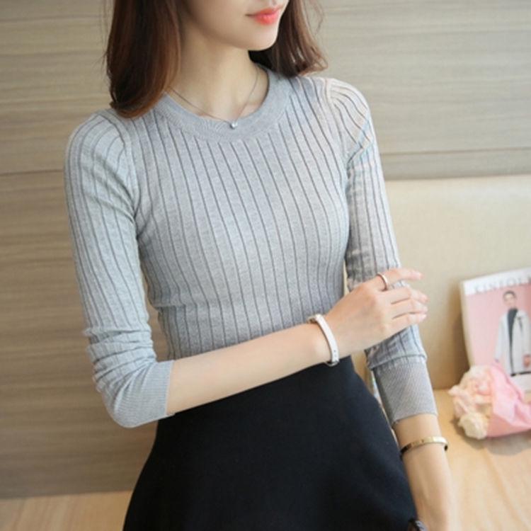 Pofulove Women Striped Half-high Collar Black Bottoming Shirt Autumn Winter Knitted Thick Sweater