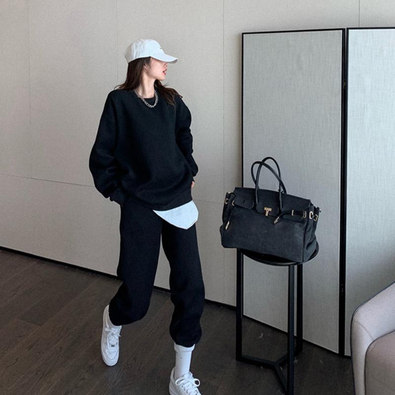 2PCS Women's Velvet Thickened Loose and Thin Sports Suit Two-piece Casual Sweater Solid Color Casual Sweater Suit Autumn Trousers Hooded Sweater