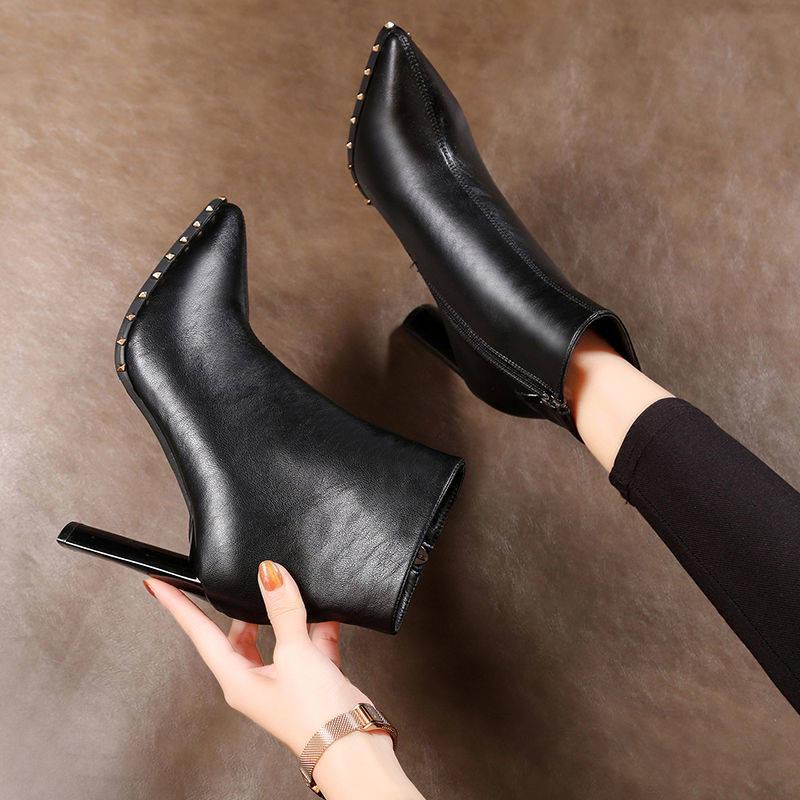 Black Pointed High Heels Martin Boots Sexy Stiletto Zipper Tassel Ankle Boots