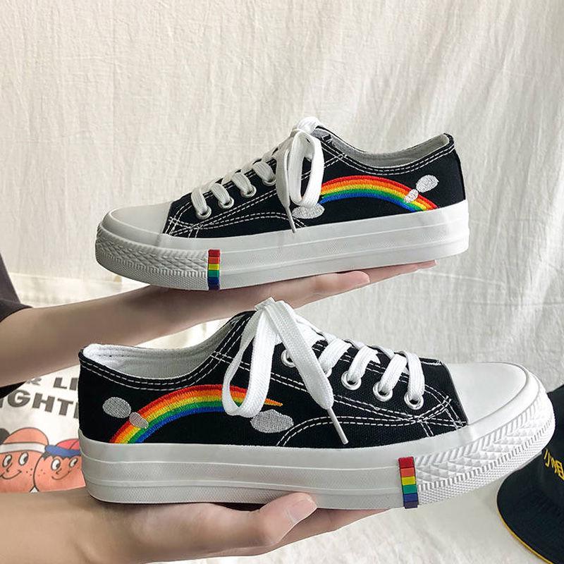 Rainbow high-top canvas shoes students breathable all-match college wind shoes ins casual shoes