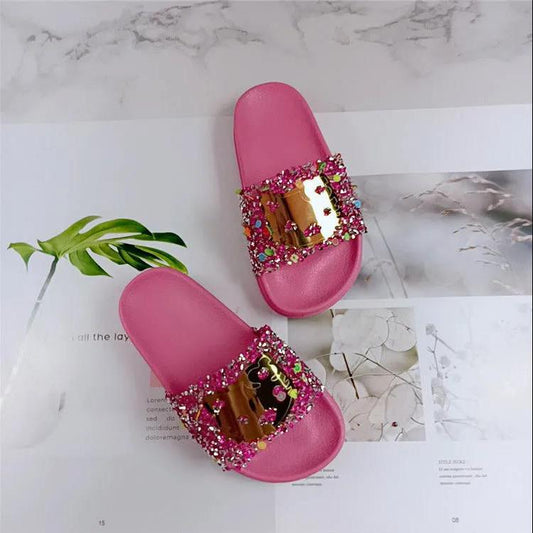 Girls Slippers In Summer Soft Sole Flat Anti-slip Sequins Slippers Household Shower Casual Little Cat Slippers