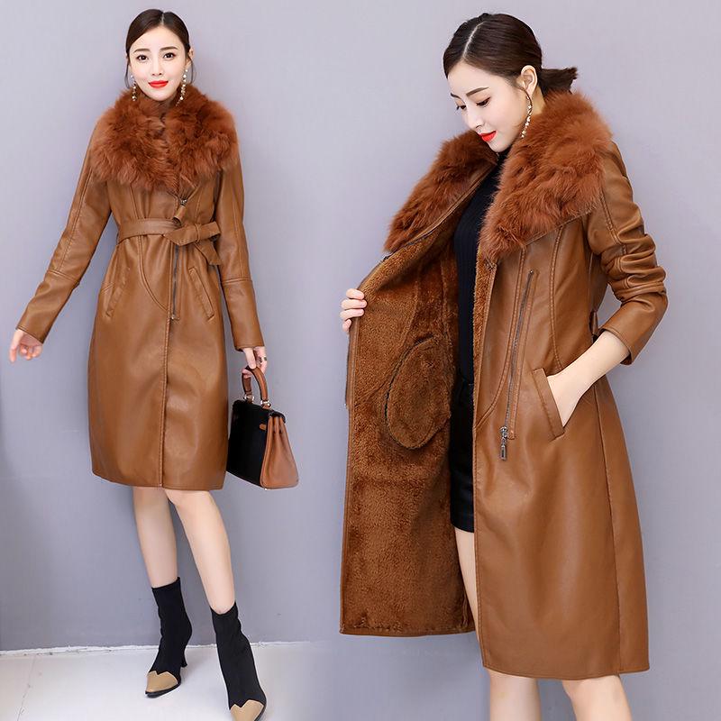 Winter Women's Coat Keep Warm with Fur Fox Collars Slim Female Leather Jacket  Plus Size Overcoat
