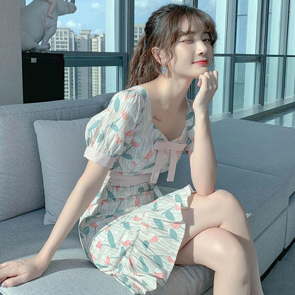 French Chiffon Dress Waist Is Thin Sweet Floral Skirt Lady Mid-length Floral Dress A-line Dress Slim Fabric Light and Breathable