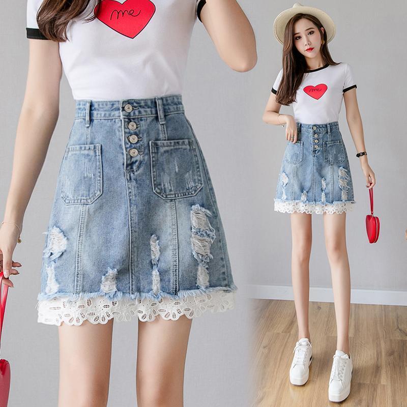 Women's Denim Skirt Lace Edge Tight Solid Color High Waist Sexy Show Leg Length