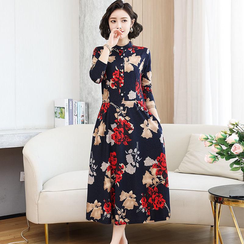 Printed Round Neck Spring Long Sleeve Dress Elastic Slim Fit Belly Long Skirt with Pocket Skirt Simple Comfortable Mid-Length A-Line Skirt