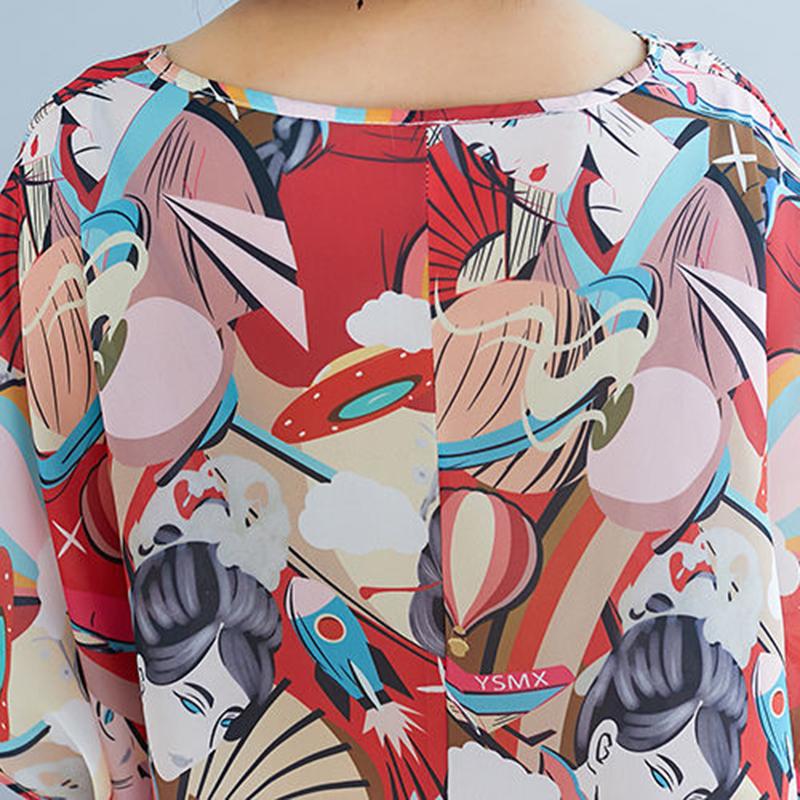 Large Size Women's Dress Loose and Thin Printing Retro Ethnic Style Women's Round Neck Short Sleeve Loose Mid-length Skirt Light and Breathable Fabric