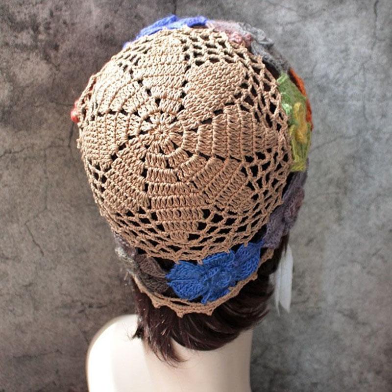 Gradient Stereo Flower Bag Head Hat Woman National Handmade Crochet Knit Hat Openwork Towel Hat
