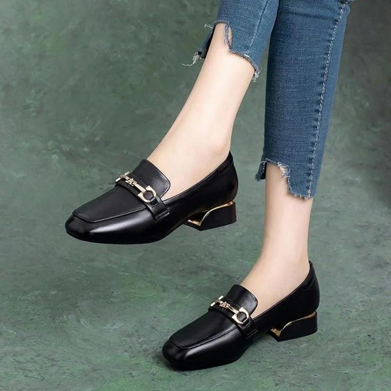 Soft Leather Single Shoes Women's Low-heel Carafe Square-toed Leather Shoes Thick Heel British Style Slip-on Work Women's Shoes