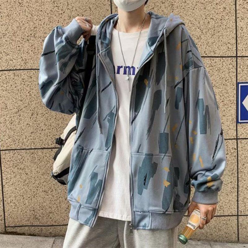 Tie-dye Cardigan Sweater Men's Spring and Autumn Sports Jacket Hooded Loose Jacket Casual All-match Tide Brand Jacket