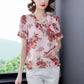 Floral Blouse Women's Lace-up Summer Round Neck All-match Short-sleeved Chiffon Shirt
