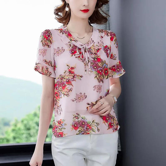 Floral Blouse Women's Lace-up Summer Round Neck All-match Short-sleeved Chiffon Shirt