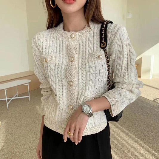 Women's Short Knitted Cardigan Autumn Winter Solid Color Sweater Coat Women's Pearl Button Twist Knit Top Cardigan Sweaters with Pockets