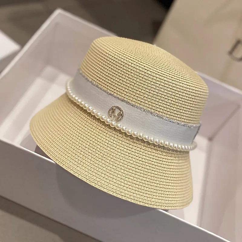 Women's Summer Hat Elegant Pearl Bucket Hat Rhinestone M Mark Retro Basin Hat Shade Straw Hat Luxury Top Hat