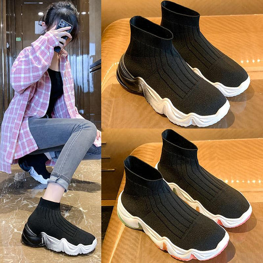 Spring and Summer Breathable Stretch Socks Shoes Women's High-top Ankle Boots Korean Style All-match Knit Boots