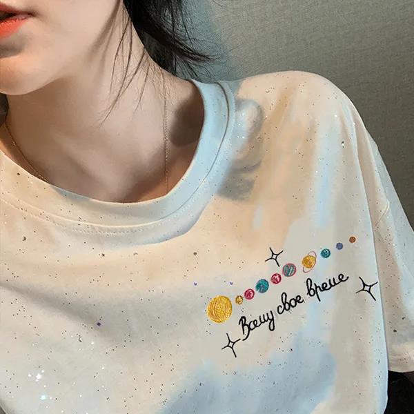 Planet Embroidery Women Short Sleeve Embroidery Tops Summer Loose Casual T-Shirt Tee