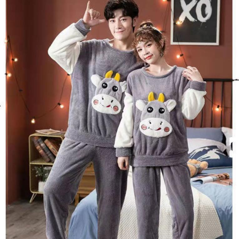 Cartoon Couple Pajamas Suit Tops and Pants Men Home Clothes Ladies Winter Cashmere Warm Homewear