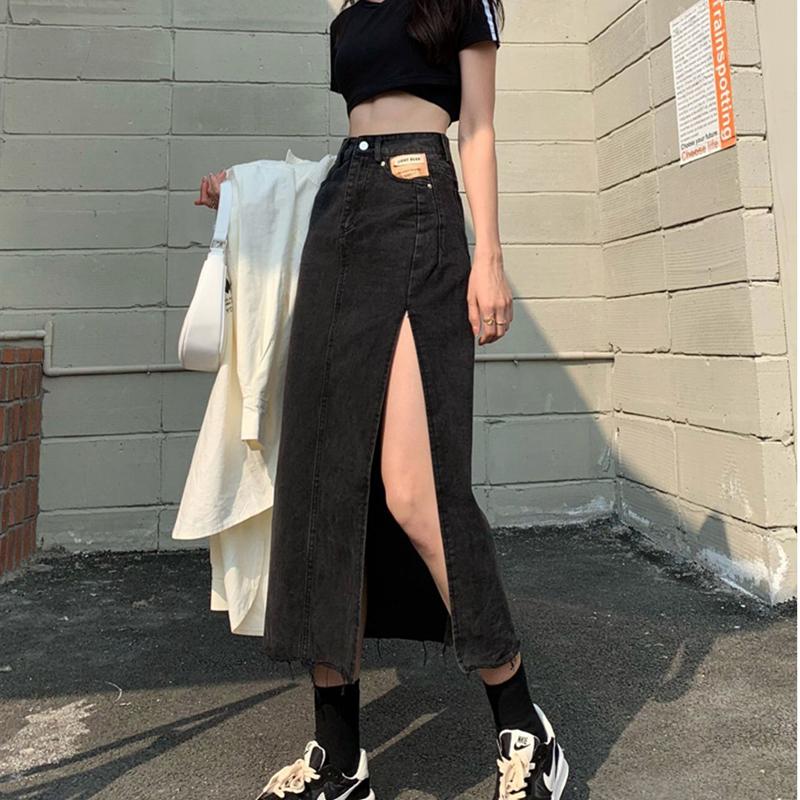Denim Skirt Long Skirt Women Solid Split  High Waist Over The Knee Hip Skirt Casual Club Home Office