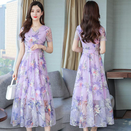 Chiffon Print Dress Summer V-neck Long Women's Thin Large Size Beach Skirt Large Skirt Elegant Temperament Dance Mid-length Skirt