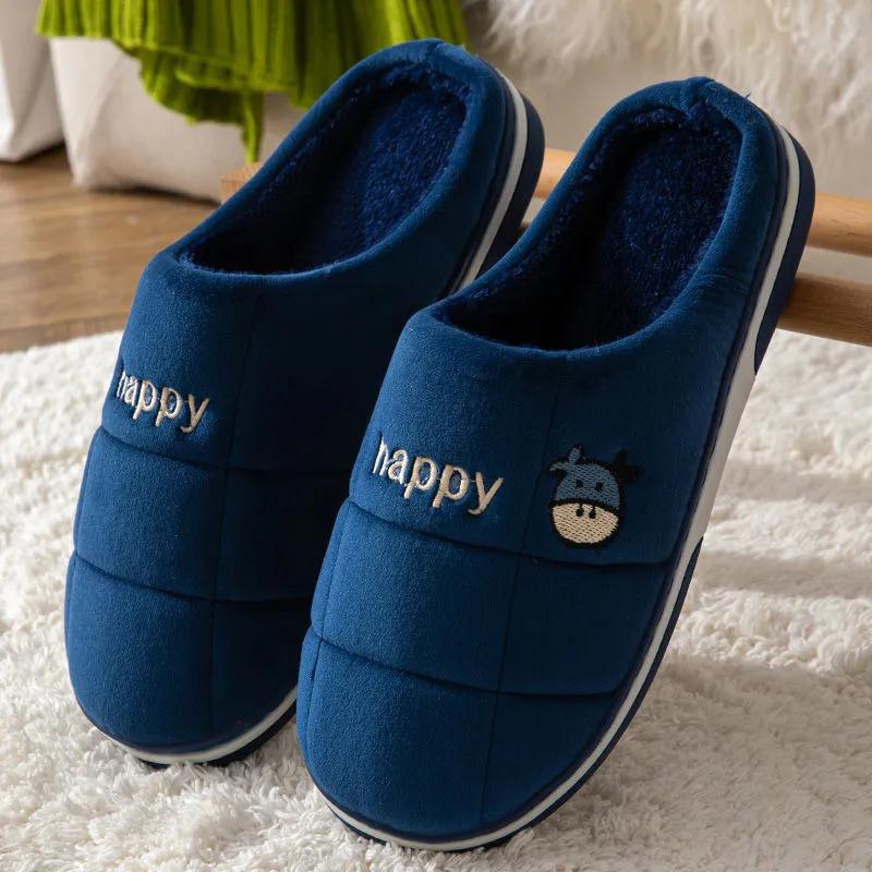Winter Slippers Women Plaid Embroidery Non Slip Warm Men Slides Thick Fleece Warm Slippers Plus Size Shoes