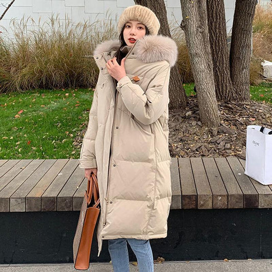 Women's Mid-length Down Cotton Jacket Big Hat Fur Follar Horn Buckle  Zipper Warm Winter Coat Solid Color