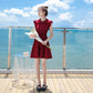 Summer Wine Red Dress Short-sleeved Doll Collar Female Dress Small Short Vest Dress