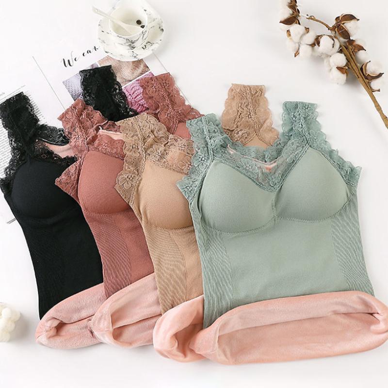 Women's Warm Vest Plus Fat Plus Sling Gather Underwear Thickening Plus Velvet Sexy Bottoming Shirt with Built-in Chest Pad