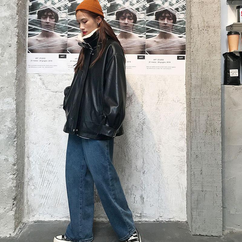 Women Winter Coat Loose Warm Faux Fur Collar Flocking Leather Jacket Windproof  Short Black PU Leather Jacket