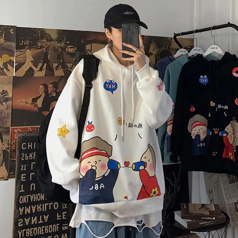 Autumn and Winter Cartoon Loose Hooded Sweater Men's Couple Print Pullover Jacket Student