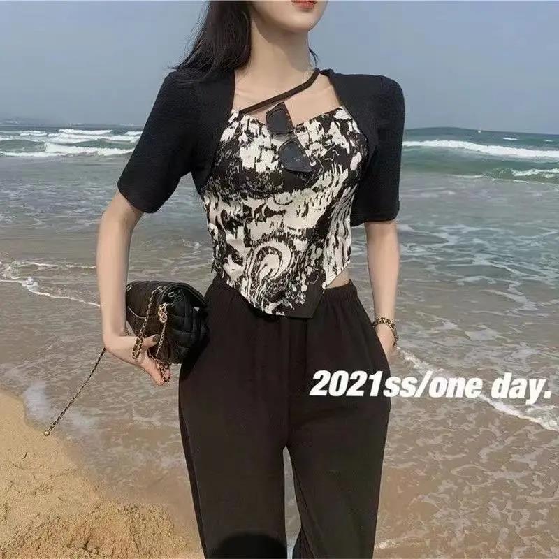 Splicing T Shirt Summer Fashion Women Cool Irregular Print T-Shirt  Loose Casual Tee