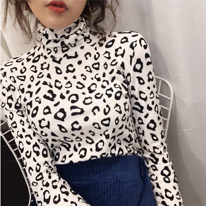 Pofulove Turtleneck Bottoming Shirt Women's Long Sleeve Leopard Warm Slim Wild Thin Plus Fleece Top