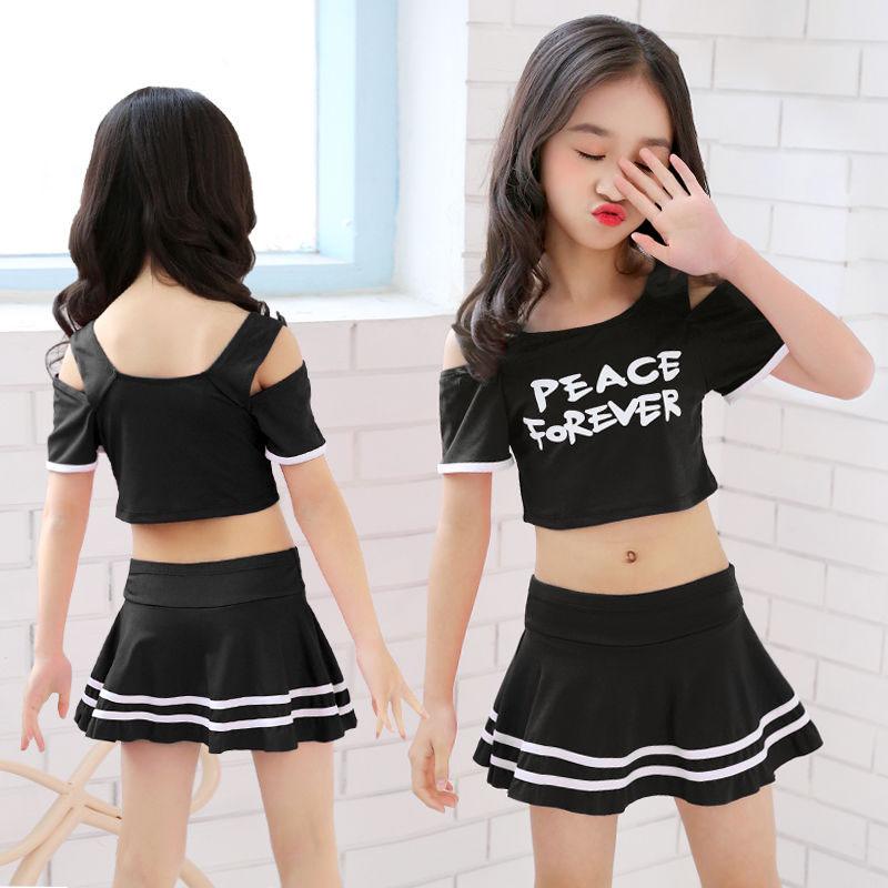 Girls Sports Swimwear Off-the-shoulder Pleated Skirt Separate Swimsuit Summer Kids Girls Beachwear Bathing Suit Bikini Dress Set
