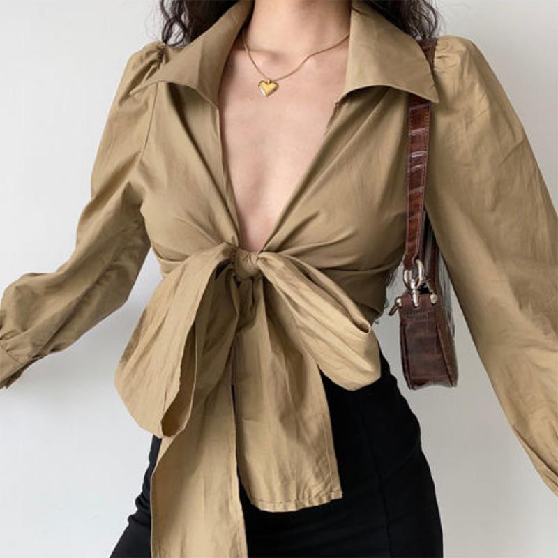 Sexy Cross V-Neck Lace-Up Lantern Sleeve Shirt Women's High Waist Short Lapel Top