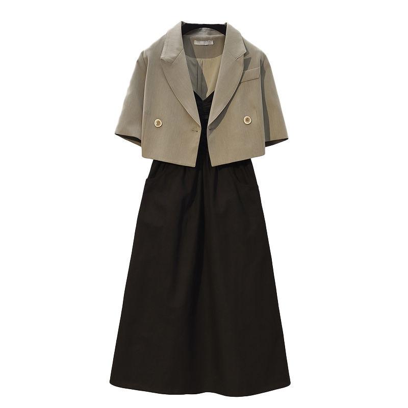 2 Pieces Women Sling Dress Suit Spring and Summer Short Sleeve Button Casual Vacation Office Home