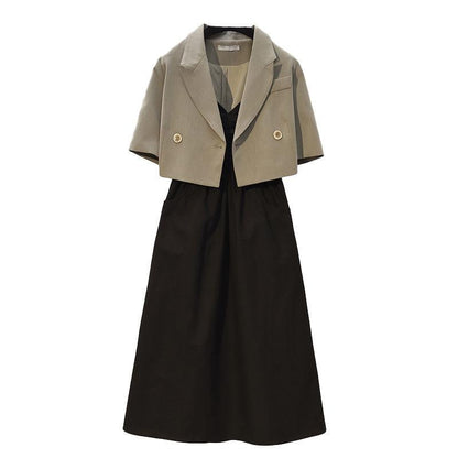 2 Pieces Women Sling Dress Suit Spring and Summer Short Sleeve Button Casual Vacation Office Home