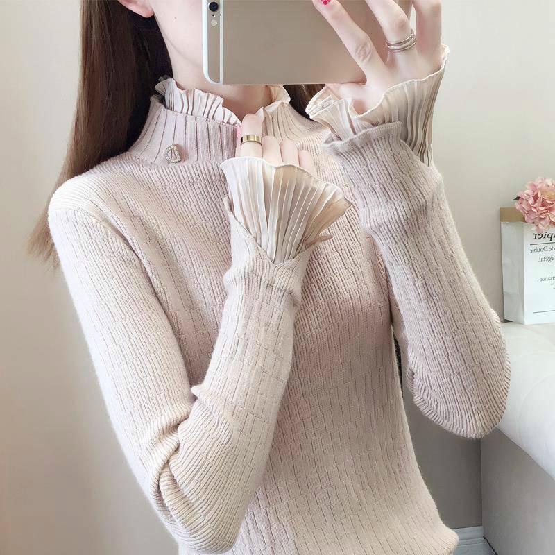 Pofulove Half Turtleneck Pullover Sweater Women's Autumn Winter Lace Bottoming Shirt Knitted Lady
