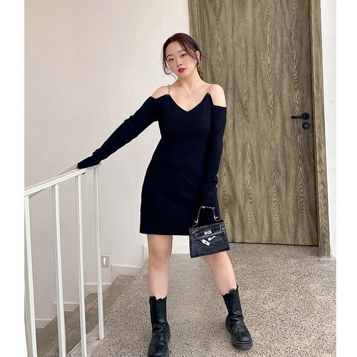 XXXXL Plus Size Women's Clothing Chain Sexy Babes Sling Dress Hollow Out Strapless Long Sleeve V-neck Black Skirt