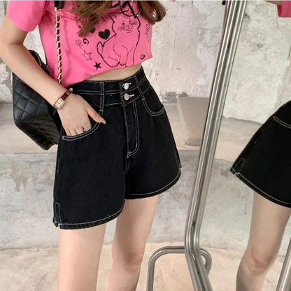 Women's Retro High-waisted Denim Shorts Summer Korean Version Ins Loose and Thin Slit Wide-leg Pants Student A-line Short Pants