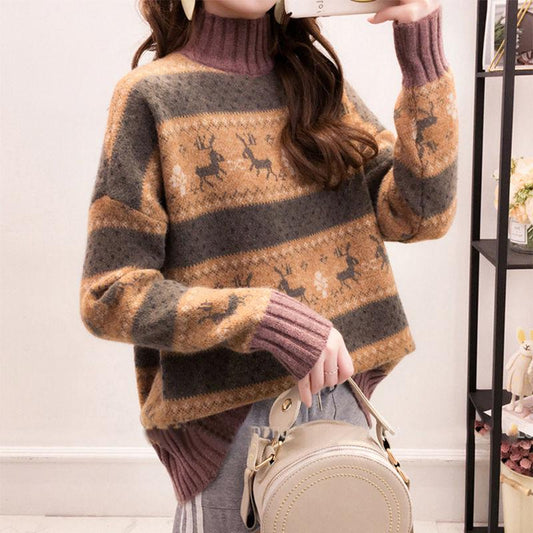 Turtleneck Sweater Female Students Korean Loose  Knit Sweater Bottoming Pullover Sweater Outwear  Deer Print Christmas Sweater Autumn  Winter