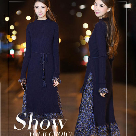 Plus Velvet  Thick Sweater Dress Women Autumn and Winter Slim Long Dress Floral Stitching Knitted Sweater Dress