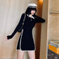 Spring and Autumn Lapel Temperament Short Skirt Casual Hit Color Slim Top Coat Hip Long Sleeve Female Dress