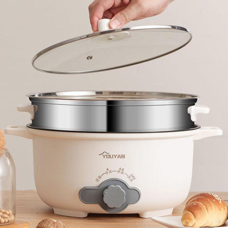 1000W Stainless Steel Electric Heat Pot Wok Non-stick Pot Porridge Pot with Steamer for Family 26cm