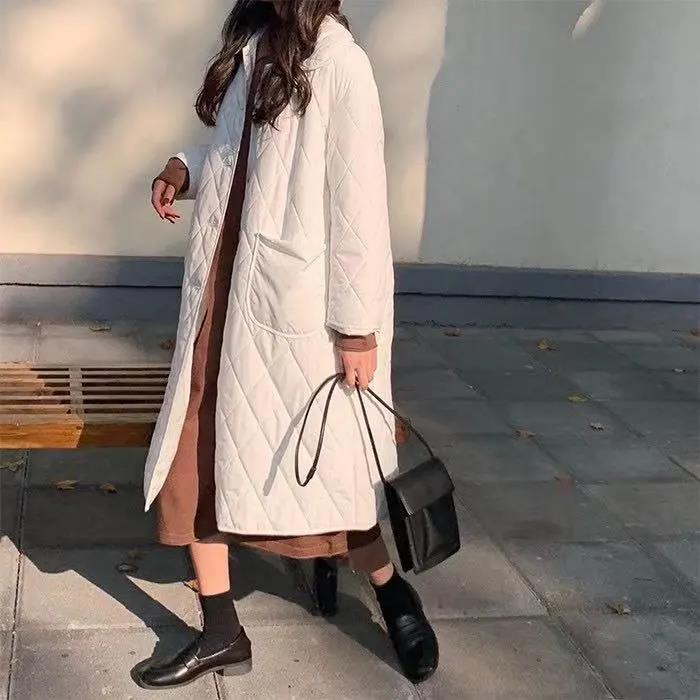 White Cotton-padded Jacket Women's Winter Loose Korean Style Cotton-padded Jacket Mid-length Diamond Cotton Jacket