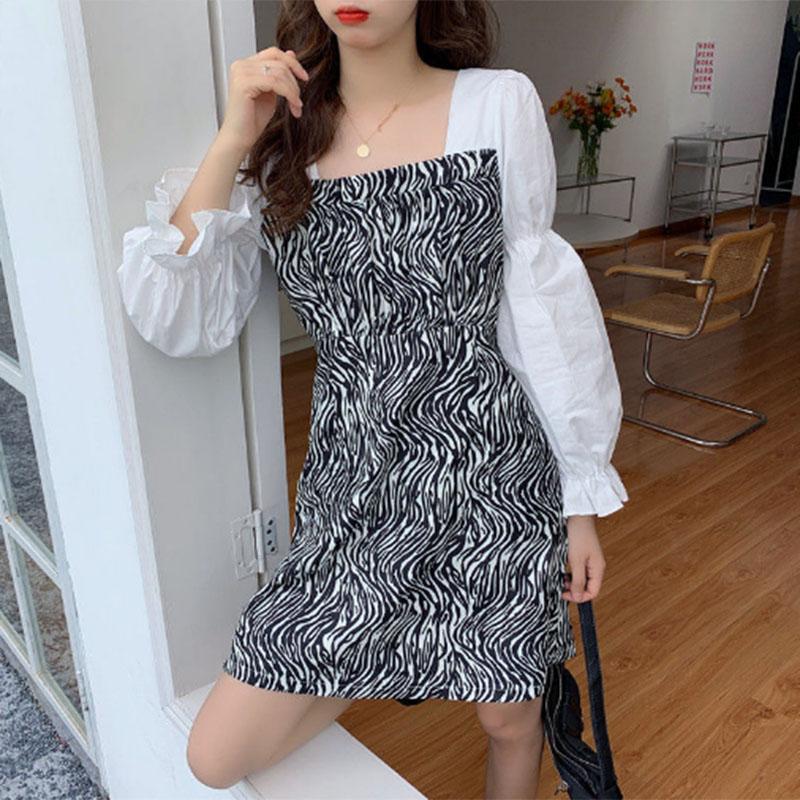 Long-sleeved Spring and Summer Chic Square Collar Is Thin Outdoor Zebra Pattern Long-sleeved Short Skirt Foreign Style Fashion Small Dress Female
