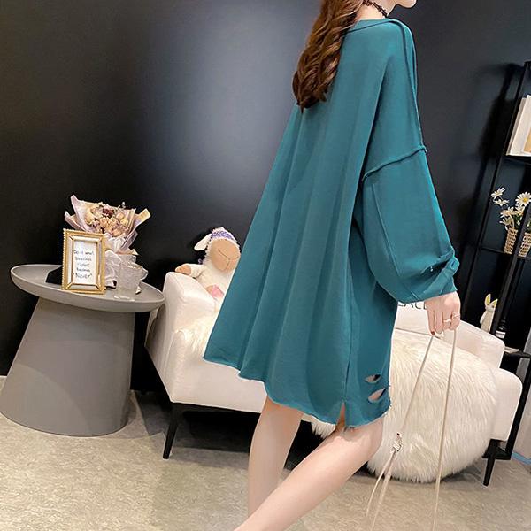 Mid-length Loose Plus Size Sweater Women Long-sleeved V-neck Ripped Tops Spring and Autumn Thin Bottoming Shirt