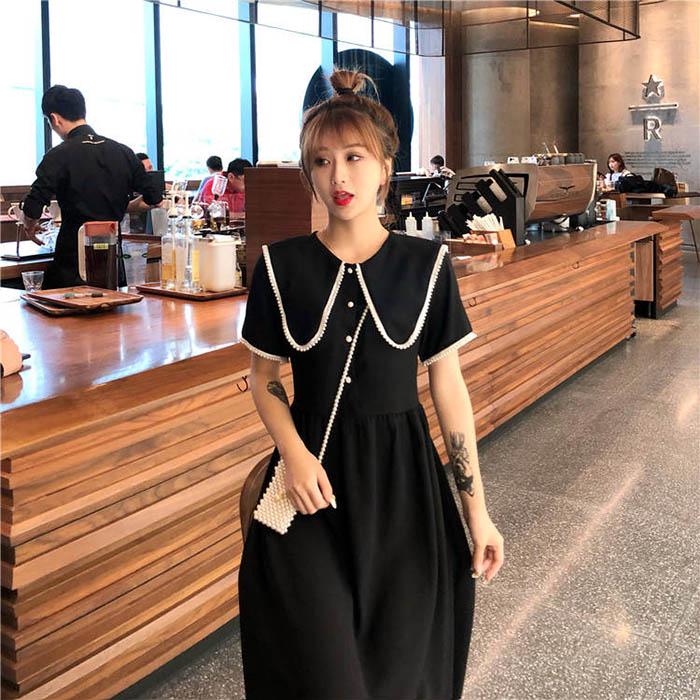 Pofulove S-4XL Women Plus Size O-neck Black Dress Loose Slim Sweet Short-sleeved Cheongsam Dress